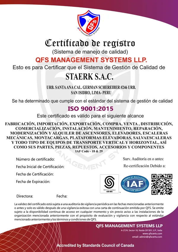 Certificado ISO 9001:2015 Staerk S.A.C. (Español)